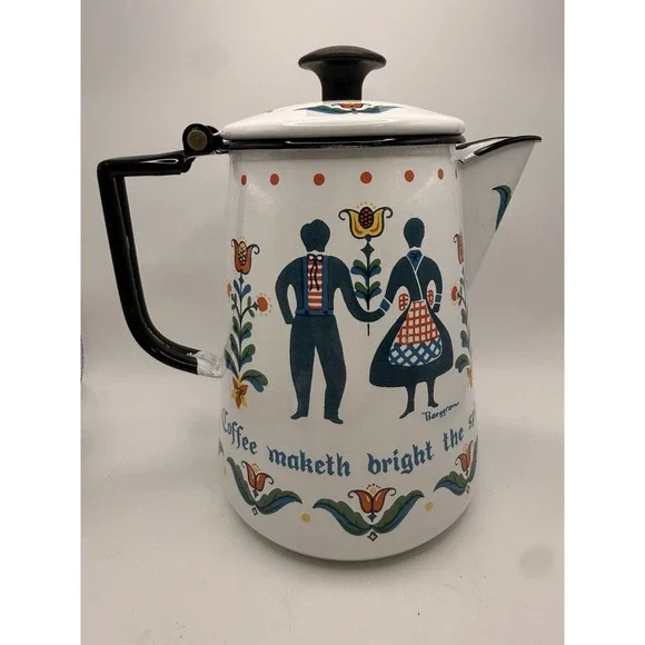 Vintage 7.5" Enamel Coffee Hot Water Pot, Berggren Hinged, Swedish Z19 - Picture 3 of 11